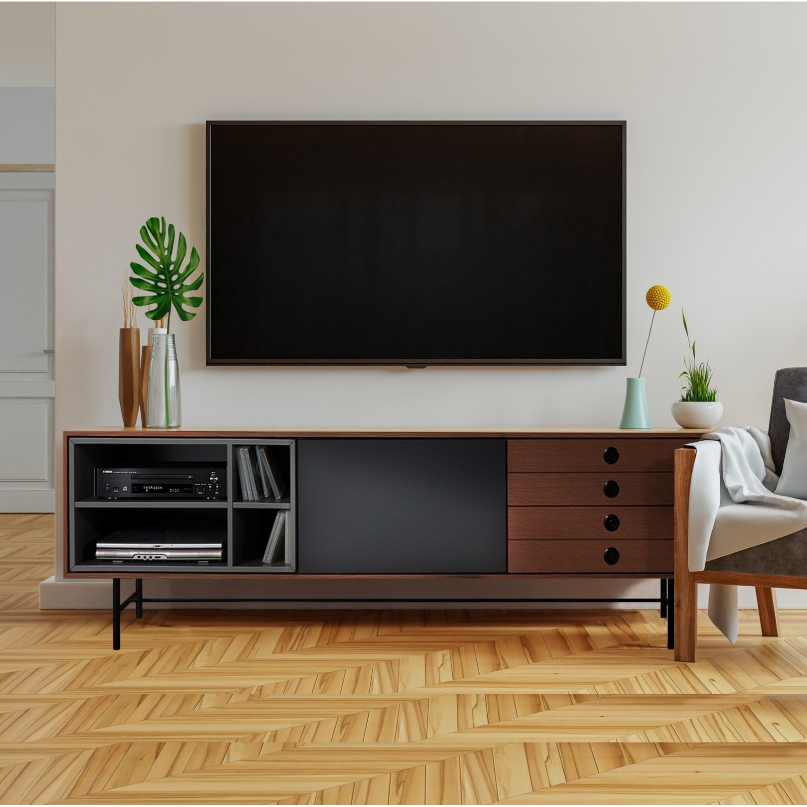Madia porta TV CALEB impiallacciata finitura Noce scuro cm L170 P40 H51