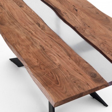 Tavolo in legno massello di Acacia Eric con inserti in resina traslucida opaca e base in acciaio Nero opaco, 195x100 cm