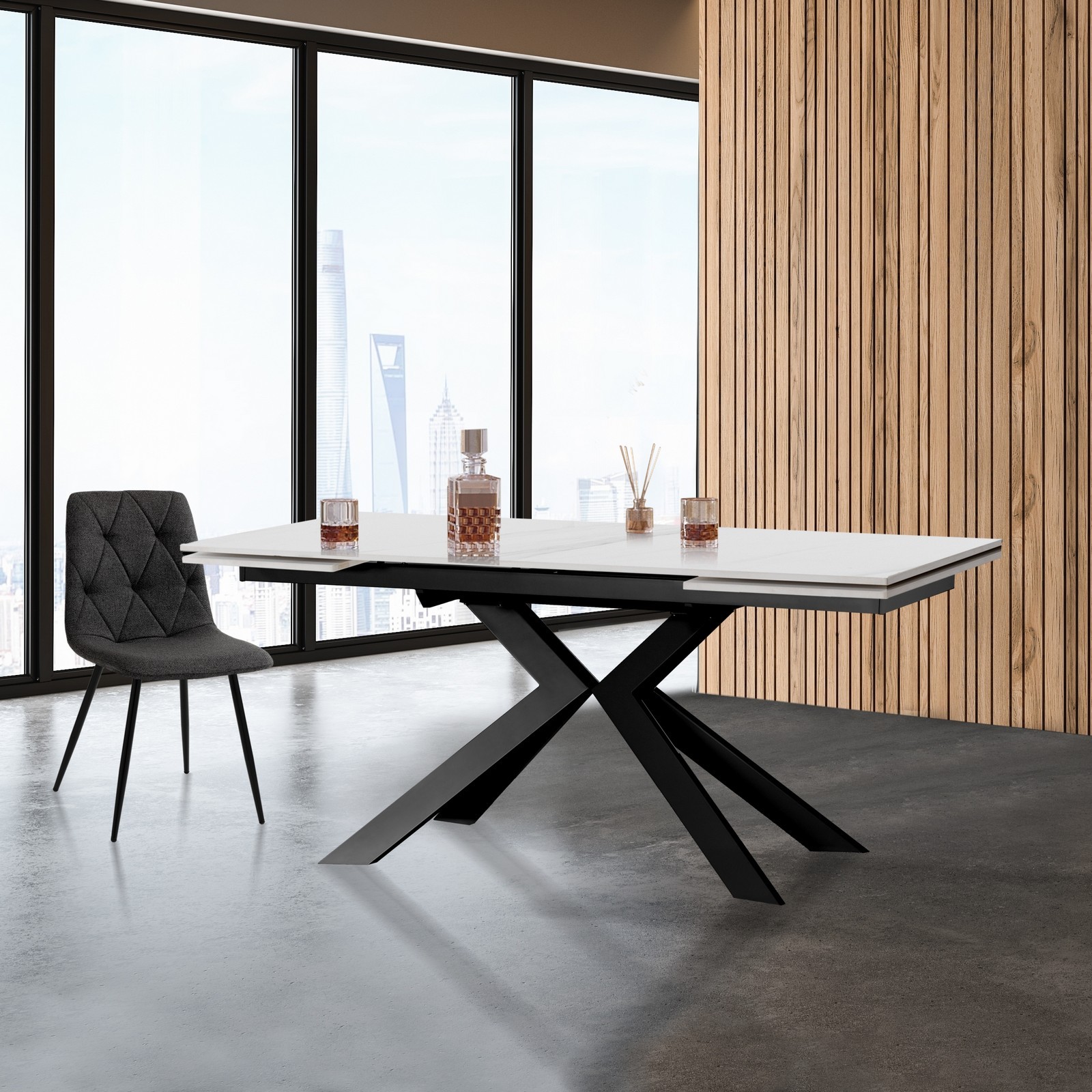 Tavolo Allungabile in ceramica Justin Evolution Marble / Grey fin. Marmo Bianco opaco e metallo antracite, 160-200-240 x 90 cm