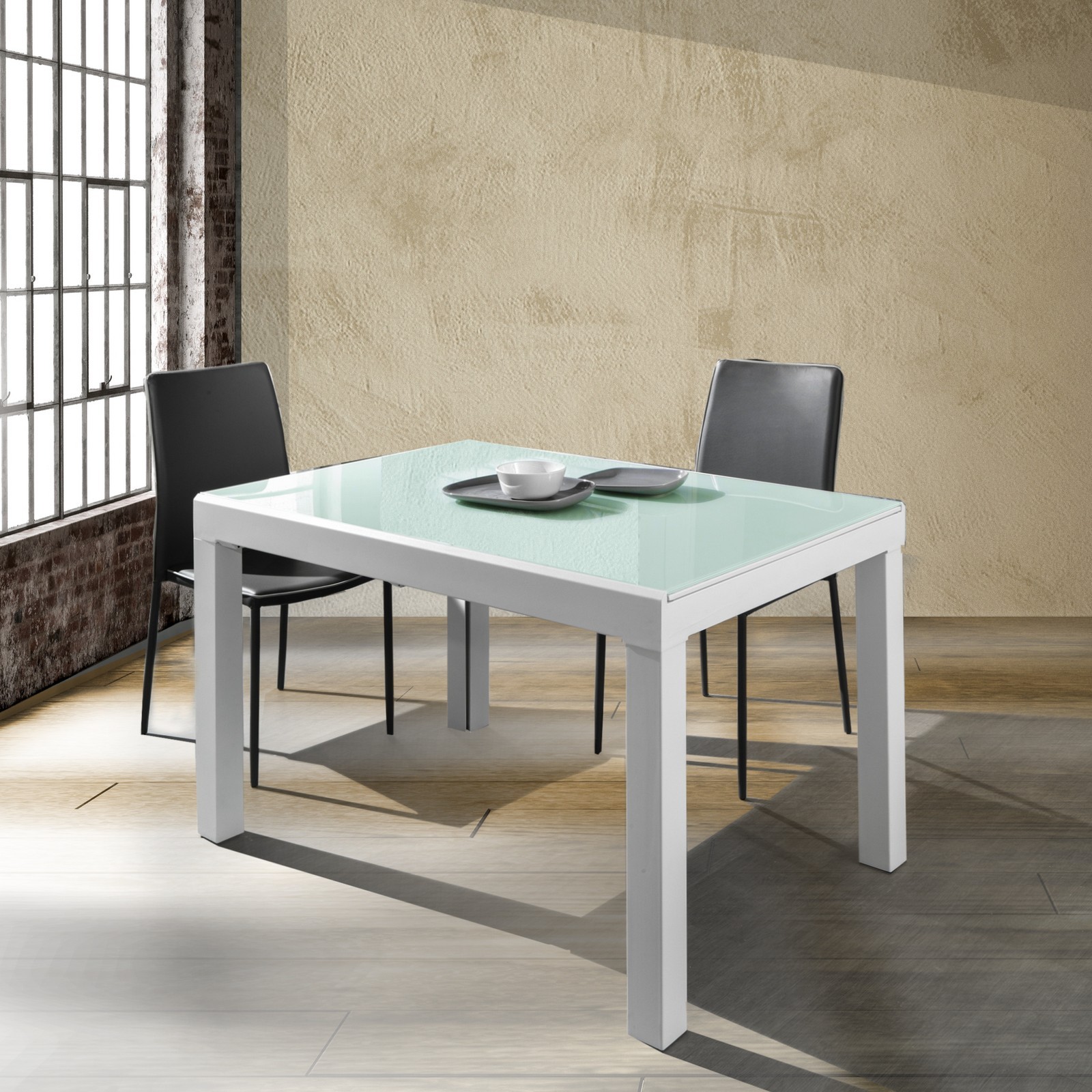 Tavolo Allungabile John White in Vetro temprato Bianco e metallo verniciato opaco, 120-230x83 cm