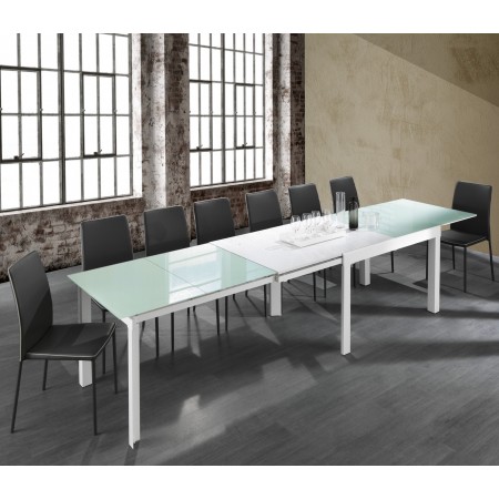 Tavolo Allungabile in Vetro temprato John White Top verniciato Bianco e base in metallo Bianco opaco, 120-350 x 83 cm