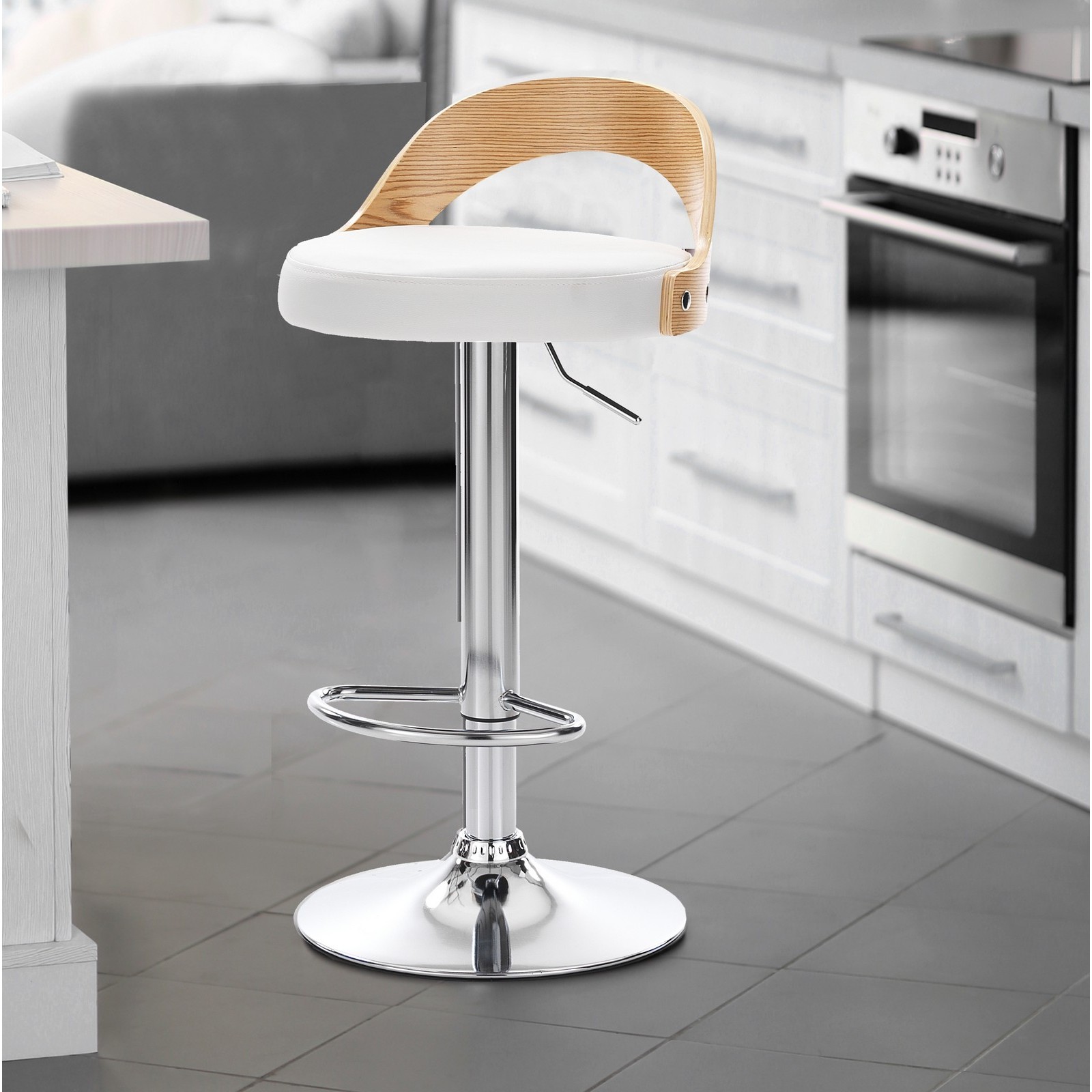 Sgabello ELMO ROVERE legno multistrato curvato tinto finitura Rovere pelle sintetica Bianca acciaio cromato H76/96 L43 P43