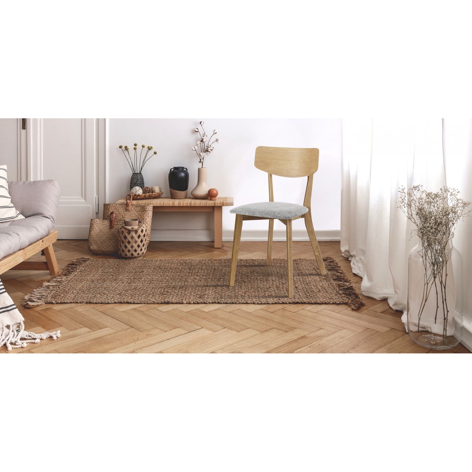 Set 2 Sedie Margaret Wood in tessuto Grigio e legno massello finitura Rovere, 44x47xh80 cm
