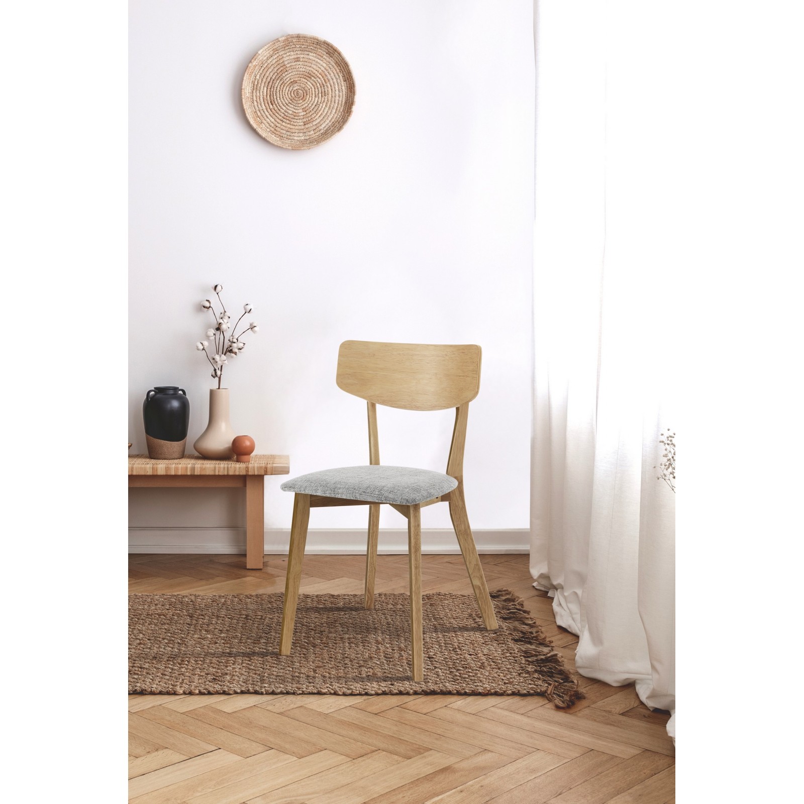 Set 2 Sedie Margaret Wood in tessuto Grigio e legno massello finitura Rovere, 44x47xh80 cm