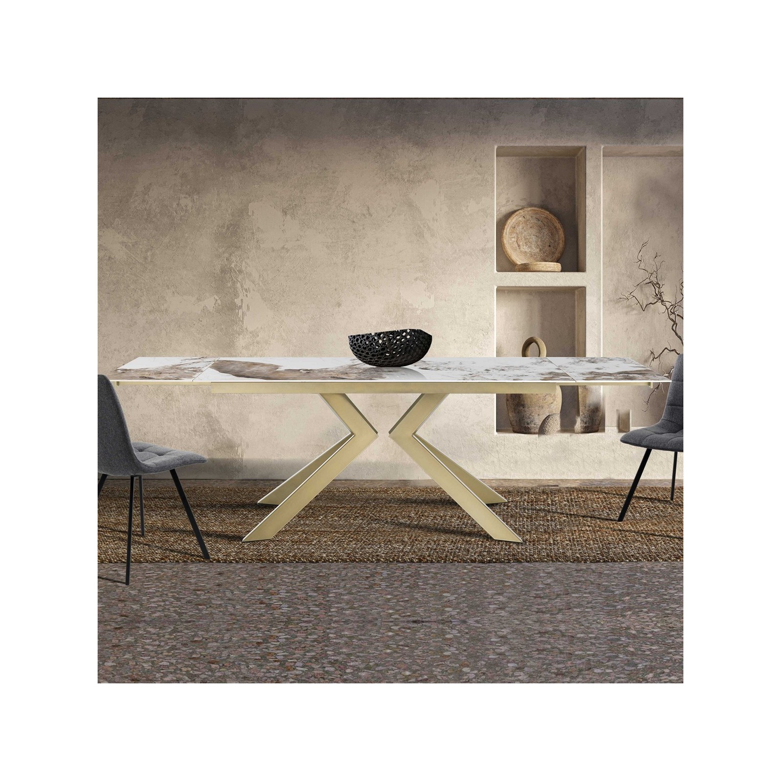 Tavolo allungabile JUSTIN ONICE ORO metallo Oro opaco piano ceramica finitura marmo Onice lucido H75,5 P90 L160/200/240
