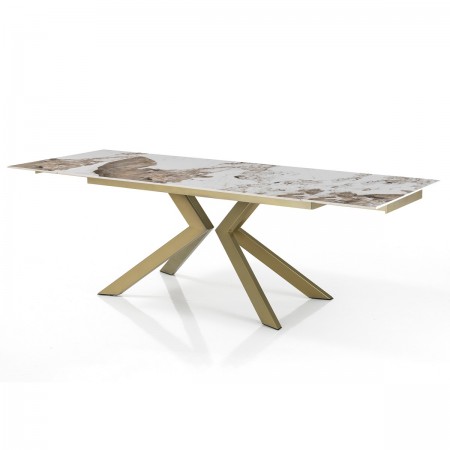Tavolo allungabile JUSTIN ONICE ORO metallo Oro opaco piano ceramica finitura marmo Onice lucido H75,5 P90 L160/200/240