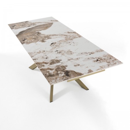 Tavolo allungabile JUSTIN ONICE ORO metallo Oro opaco piano ceramica finitura marmo Onice lucido H75,5 P90 L160/200/240