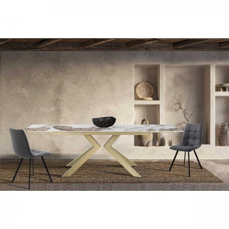 Tavolo allungabile JUSTIN ONICE ORO metallo Oro opaco piano ceramica finitura marmo Onice lucido H75,5 P90 L160/200/240