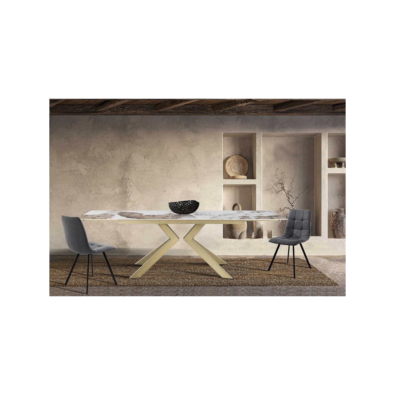 Tavolo allungabile JUSTIN ONICE ORO metallo Oro opaco piano ceramica finitura marmo Onice lucido H75,5 P90 L160/200/240
