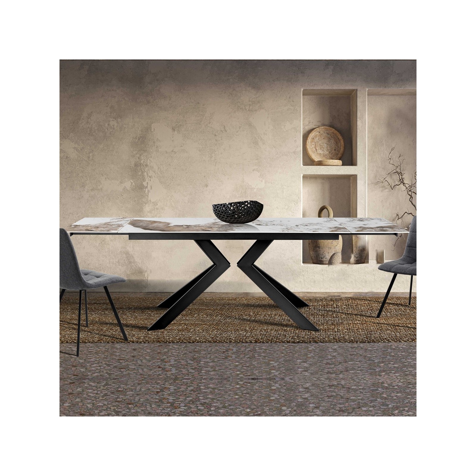 Tavolo allungabile JUSTIN ONICE GRIGIO metallo Grigio opaco piano ceramica finitura marmo Onice lucido H75,5 P90 L160/200/240