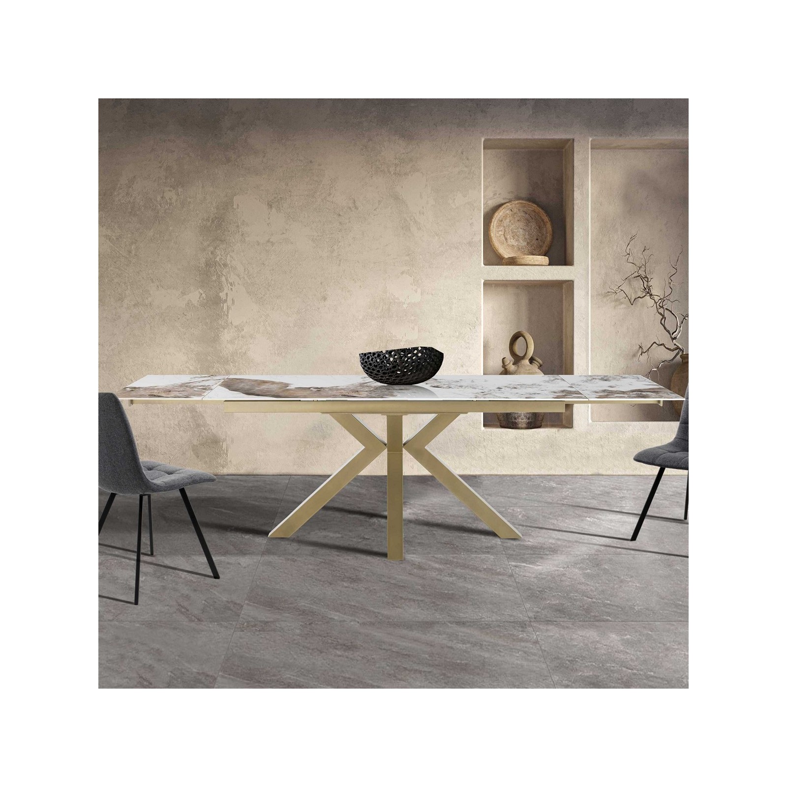 Tavolo allungabile DYNA ONICE ORO metallo Champagne Oro  opaco piano ceramica finitura marmo Onice lucido H74 P91 L160/200/240