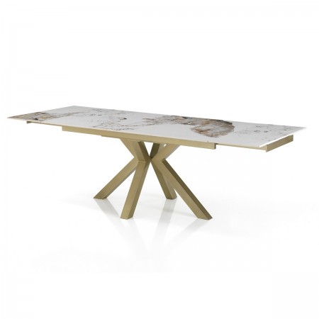 Tavolo allungabile DYNA ONICE ORO metallo Champagne Oro  opaco piano ceramica finitura marmo Onice lucido H74 P91 L160/200/240