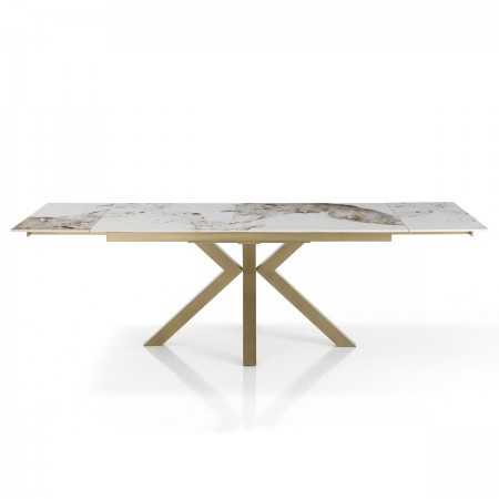 Tavolo allungabile DYNA ONICE ORO metallo Champagne Oro  opaco piano ceramica finitura marmo Onice lucido H74 P91 L160/200/240