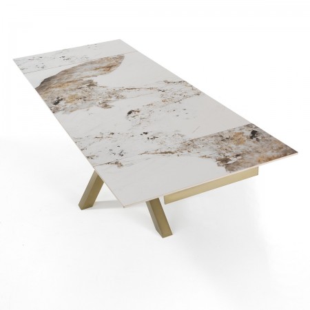 Tavolo allungabile DYNA ONICE ORO metallo Champagne Oro  opaco piano ceramica finitura marmo Onice lucido H74 P91 L160/200/240