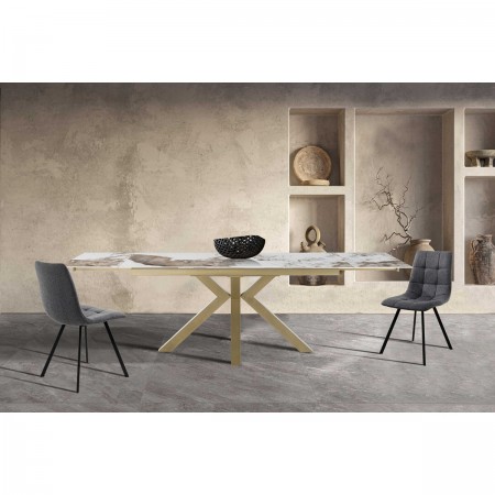 Tavolo allungabile DYNA ONICE ORO metallo Champagne Oro  opaco piano ceramica finitura marmo Onice lucido H74 P91 L160/200/240