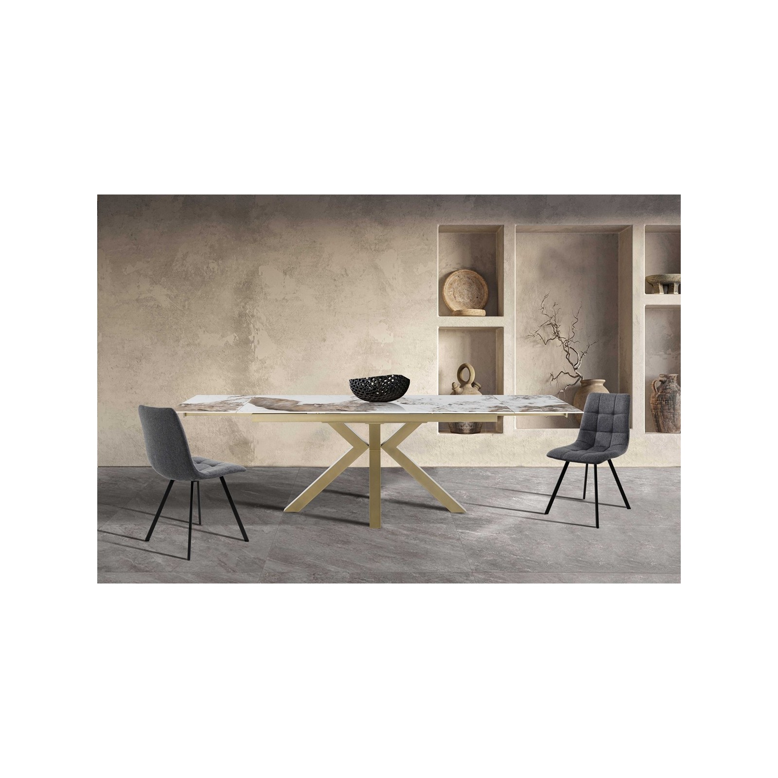 Tavolo allungabile DYNA ONICE ORO metallo Champagne Oro  opaco piano ceramica finitura marmo Onice lucido H74 P91 L160/200/240