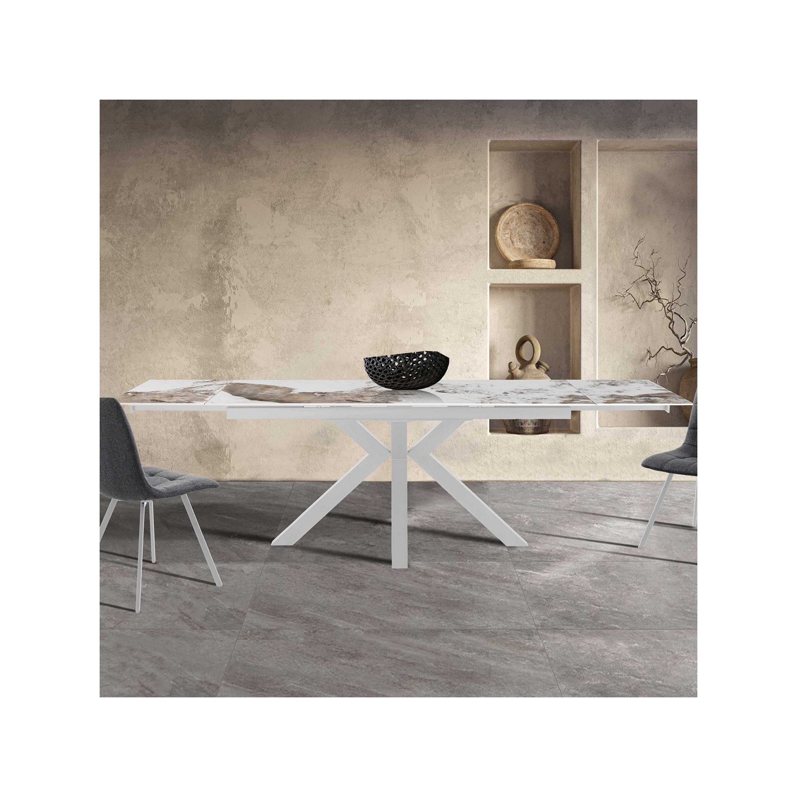 Tavolo allungabile DYNA ONICE BIANCO metallo Bianco opaco piano ceramica finitura marmo Onice lucido H74 P91 L160/200/240