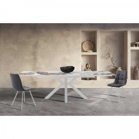Tavolo allungabile DYNA ONICE BIANCO metallo Bianco opaco piano ceramica finitura marmo Onice lucido H74 P91 L160/200/240