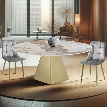 Tavolo allungabile rettangolare rotondo ELLIE ONICE ORO metallo Oro opaco piano ceramica marmo Onice H74,5 P100/160  L.160