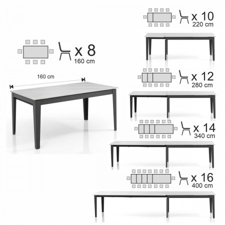 Tavolo allungabile JOEL MARMO BIANCO acciaio Grigio opaco piano ceramica Marmo Bianco opaco H76 P90 L160/220/280/340/400
