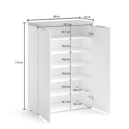 Scarpiera 2 ante 5 ripiani interni TORONTO WHITE laccata Bianco lucido top finitura Rovere cm H115 L80 P34