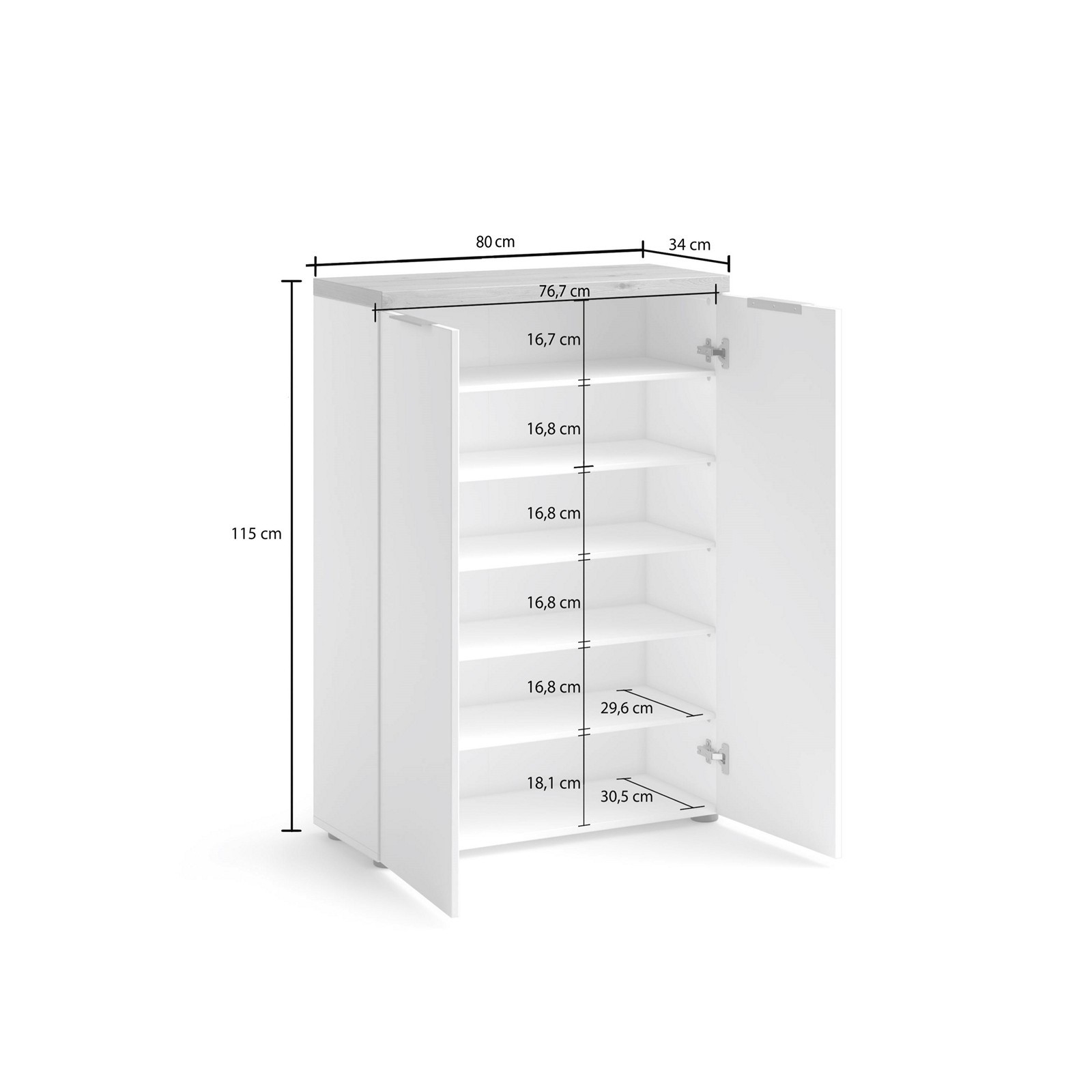 Scarpiera 2 ante 5 ripiani interni TORONTO WHITE laccata Bianco lucido top finitura Rovere cm H115 L80 P34