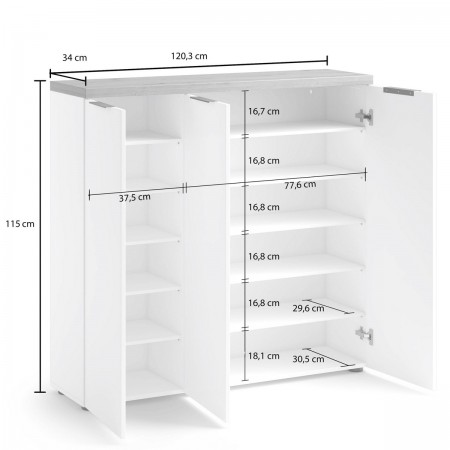 Scarpiera 3 ante 10 ripiani interni TORONTO WHITE laccata Bianco lucido top finitura Rovere cm H115 L120,3 P34