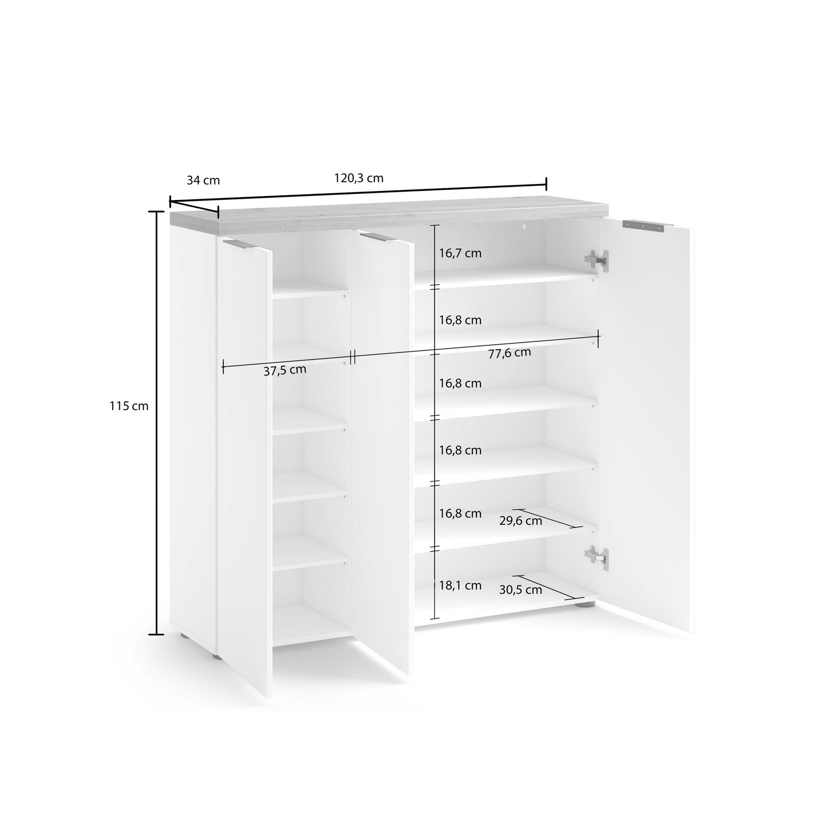 Scarpiera 3 ante 10 ripiani interni TORONTO WHITE laccata Bianco lucido top finitura Rovere cm H115 L120,3 P34