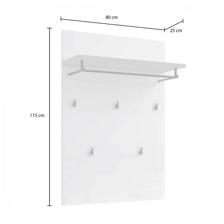 Pannello appendiabiti da parete TORONTO WHITE laccato di colore Bianco lucido 5 ganci 1 barra appendiabiti cm H115 L80 P25