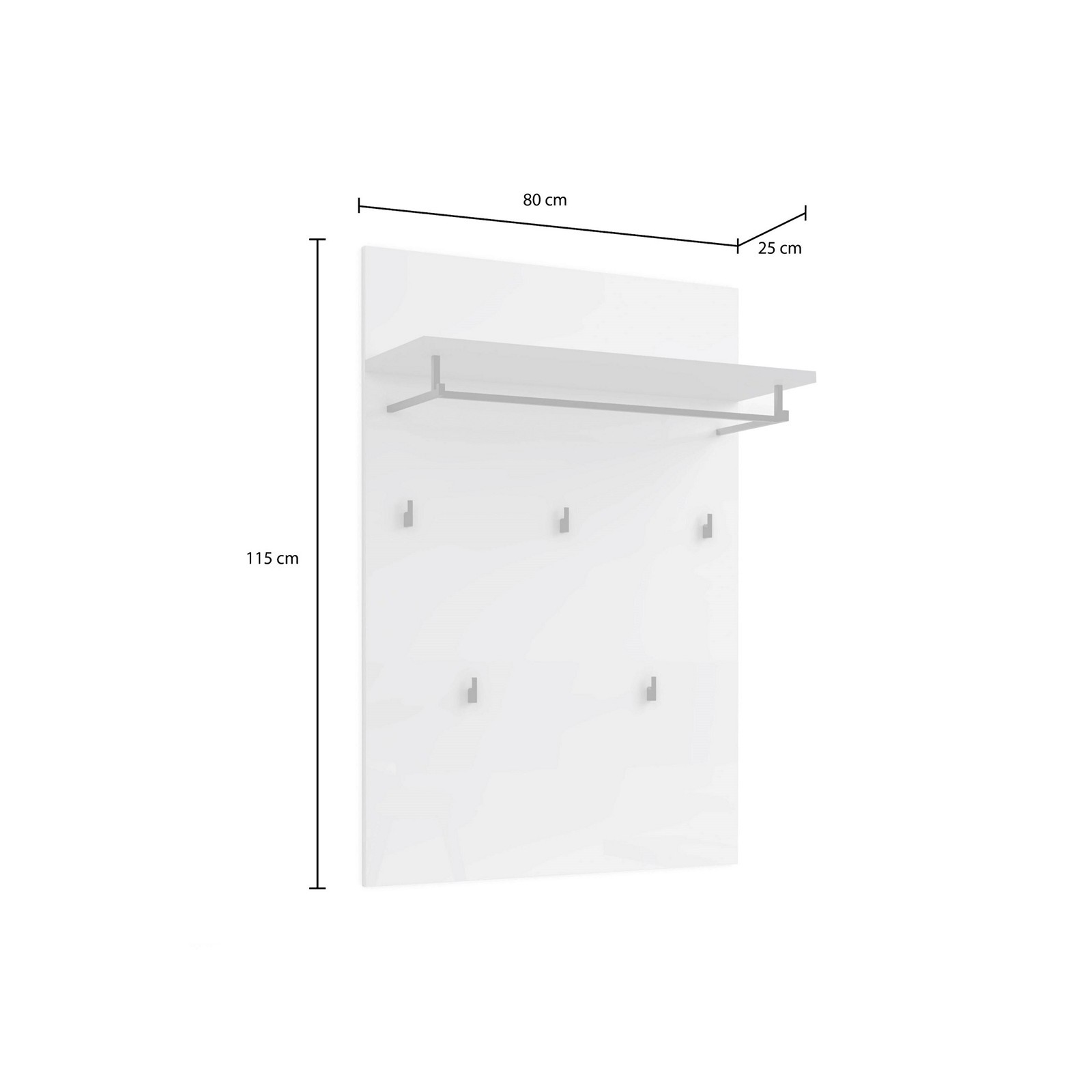 Pannello appendiabiti da parete TORONTO WHITE laccato di colore Bianco lucido 5 ganci 1 barra appendiabiti cm H115 L80 P25
