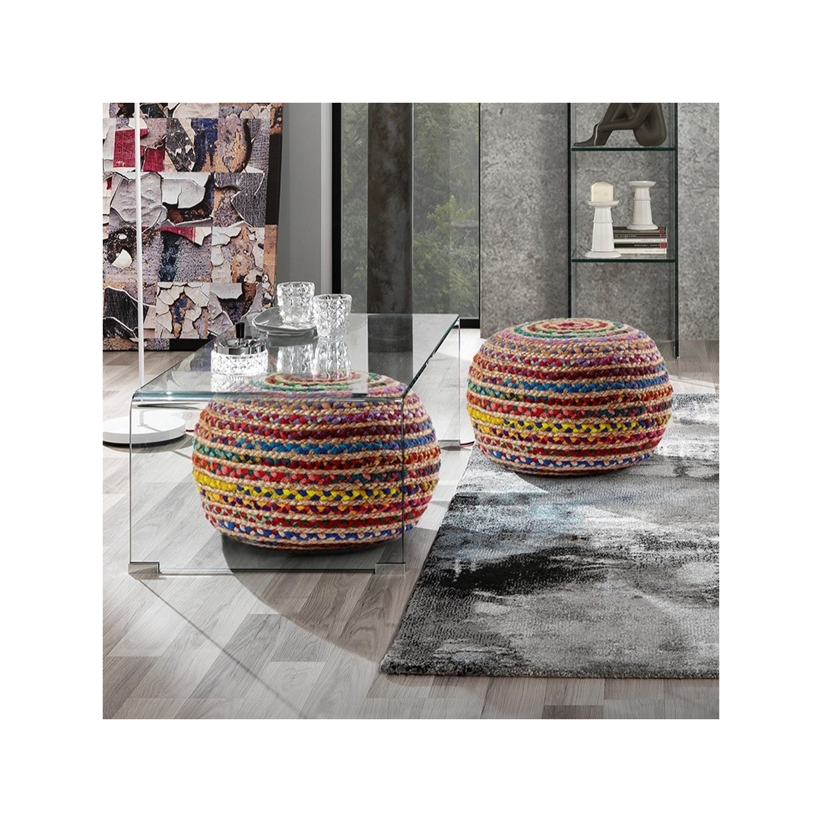 Pouf Color a rivestimento Juta e Cotone Multicolore, d50xh35 cm