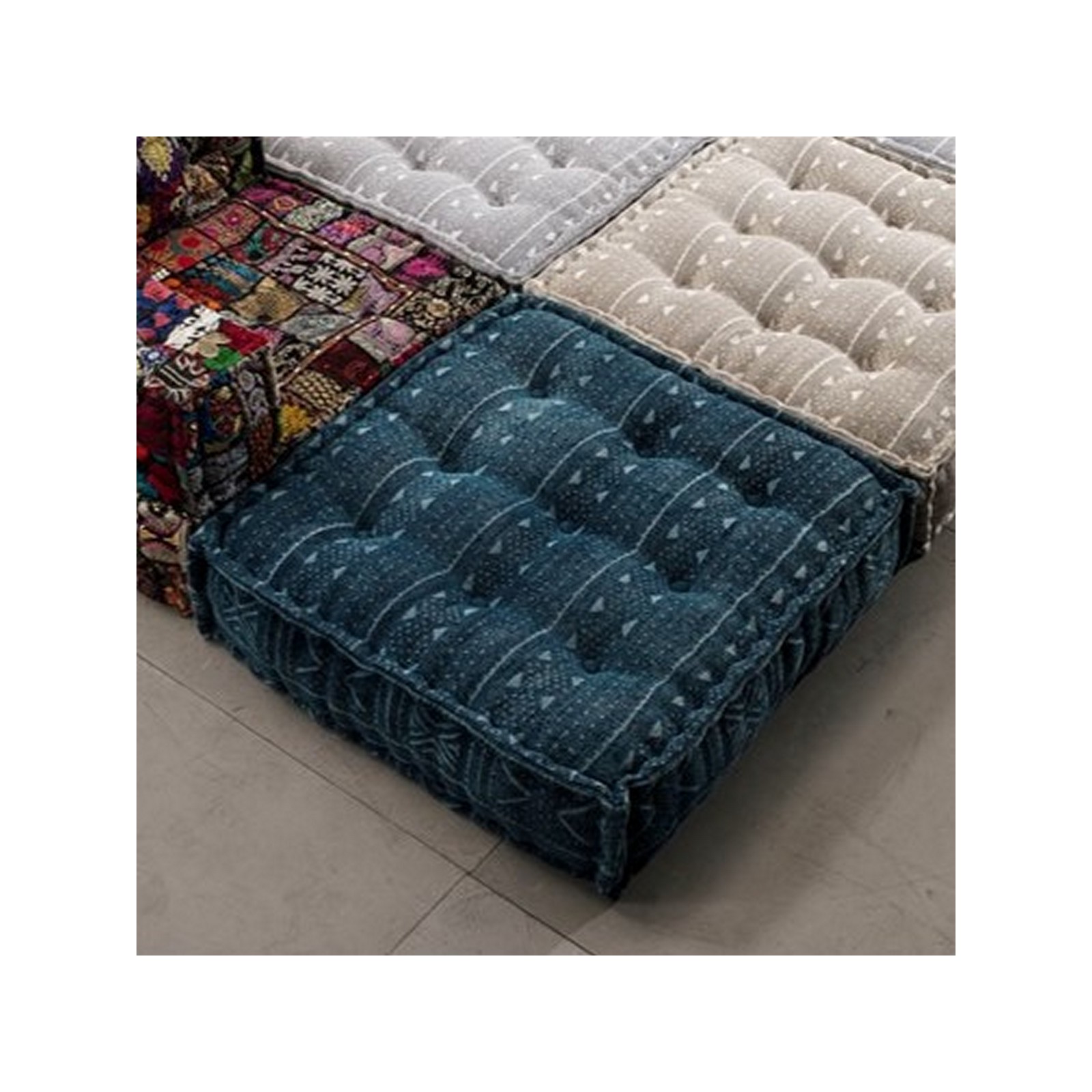 Pouf Quadrato Kamar Blue rivestimento Cotone 100% Blu, 80x80xh20 cm