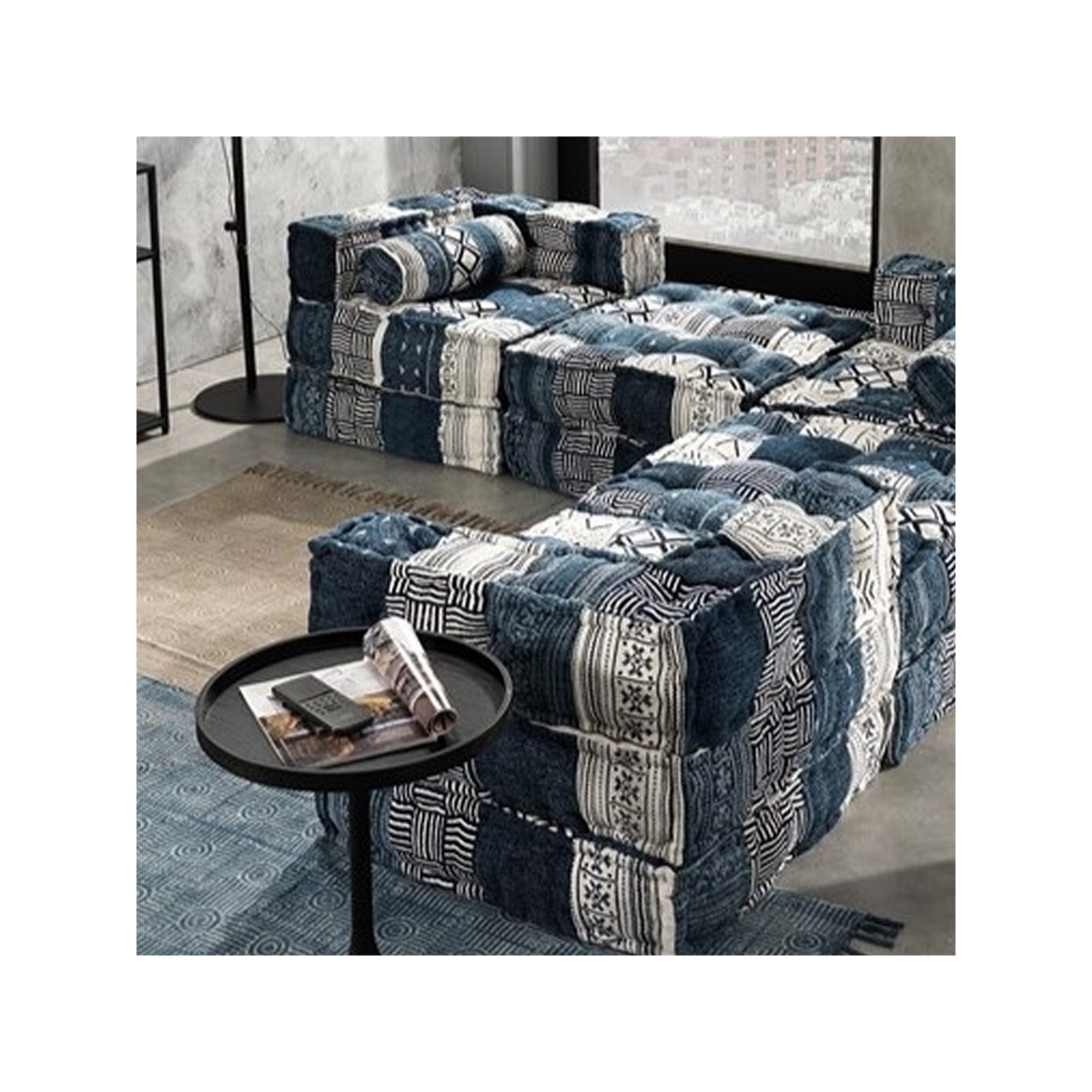 Elemento Angolare Kamar White/Blue rivestimento Cotone 100% patchwork Bianco e Blu, 80x80xh40 cm