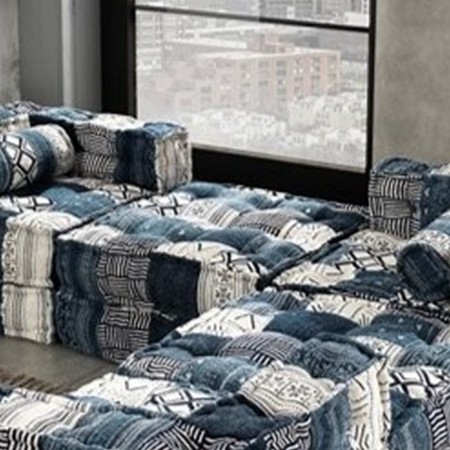 Pouf Quadrato Kamar White/Blue rivestimento Cotone 100% patchwork Bianco e Blu, 80x80xh20 cm