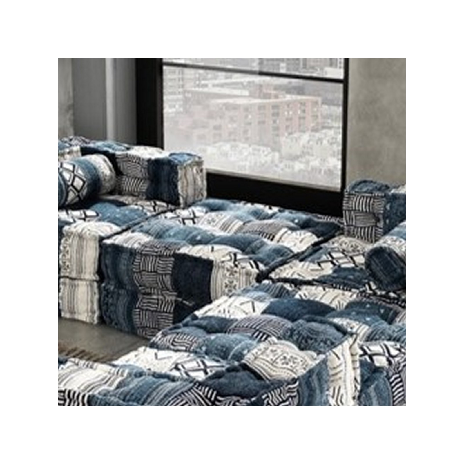 Pouf Quadrato Kamar White/Blue rivestimento Cotone 100% patchwork Bianco e Blu, 80x80xh20 cm