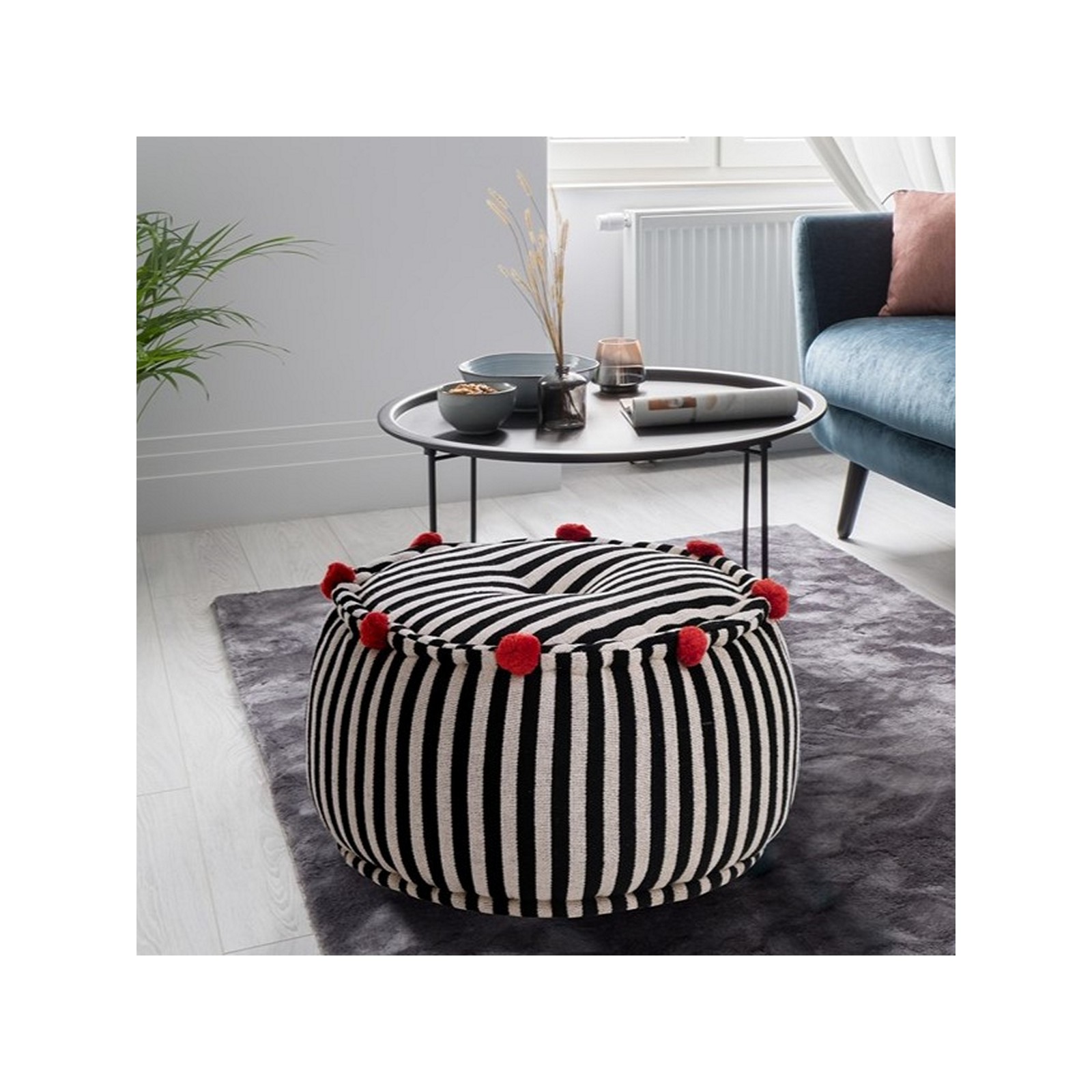 Pouf Rotondo Erko E rivestimento Cotone 100% Bianco Nero, d50xh30 cm