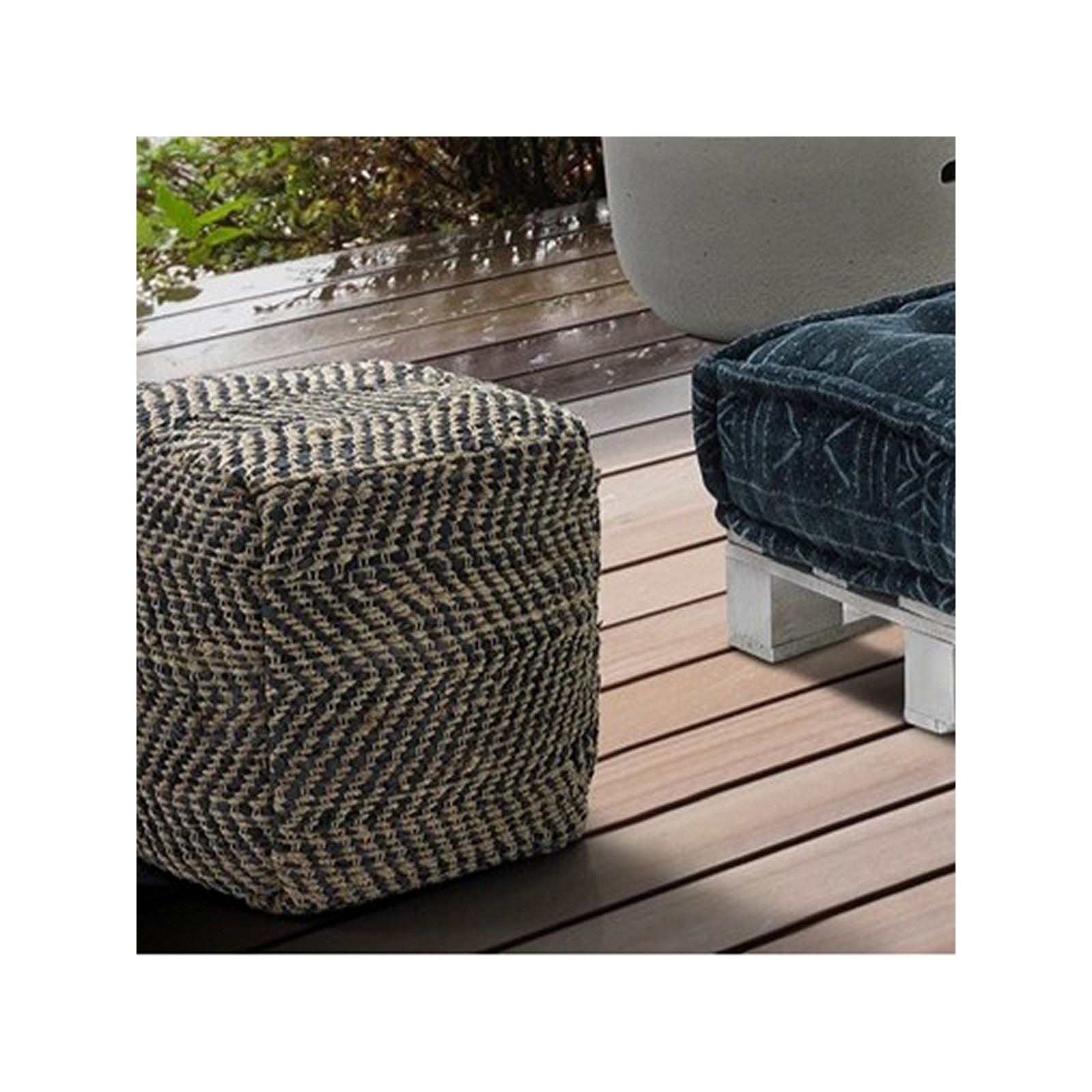 Pouf Juta Bea B in juta intrecciata Naturale e Nero, 45x45xh45 cm