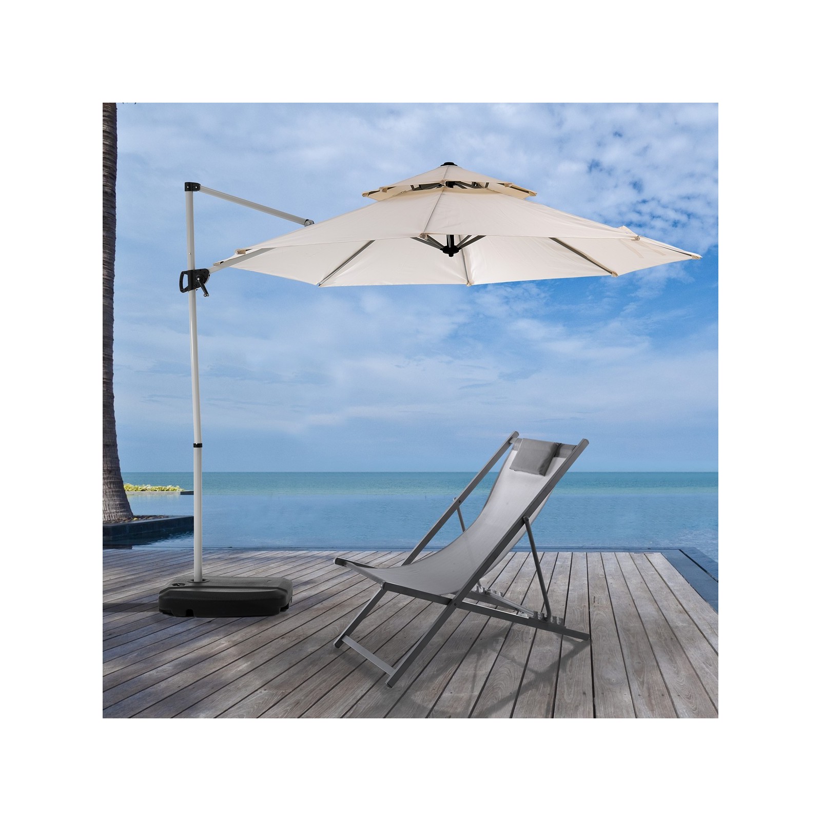 Ombrellone regolabile Tampa in Acciaio Grigio Chiaro Telo Ecru Base inclusa, 350x350xh260 cm