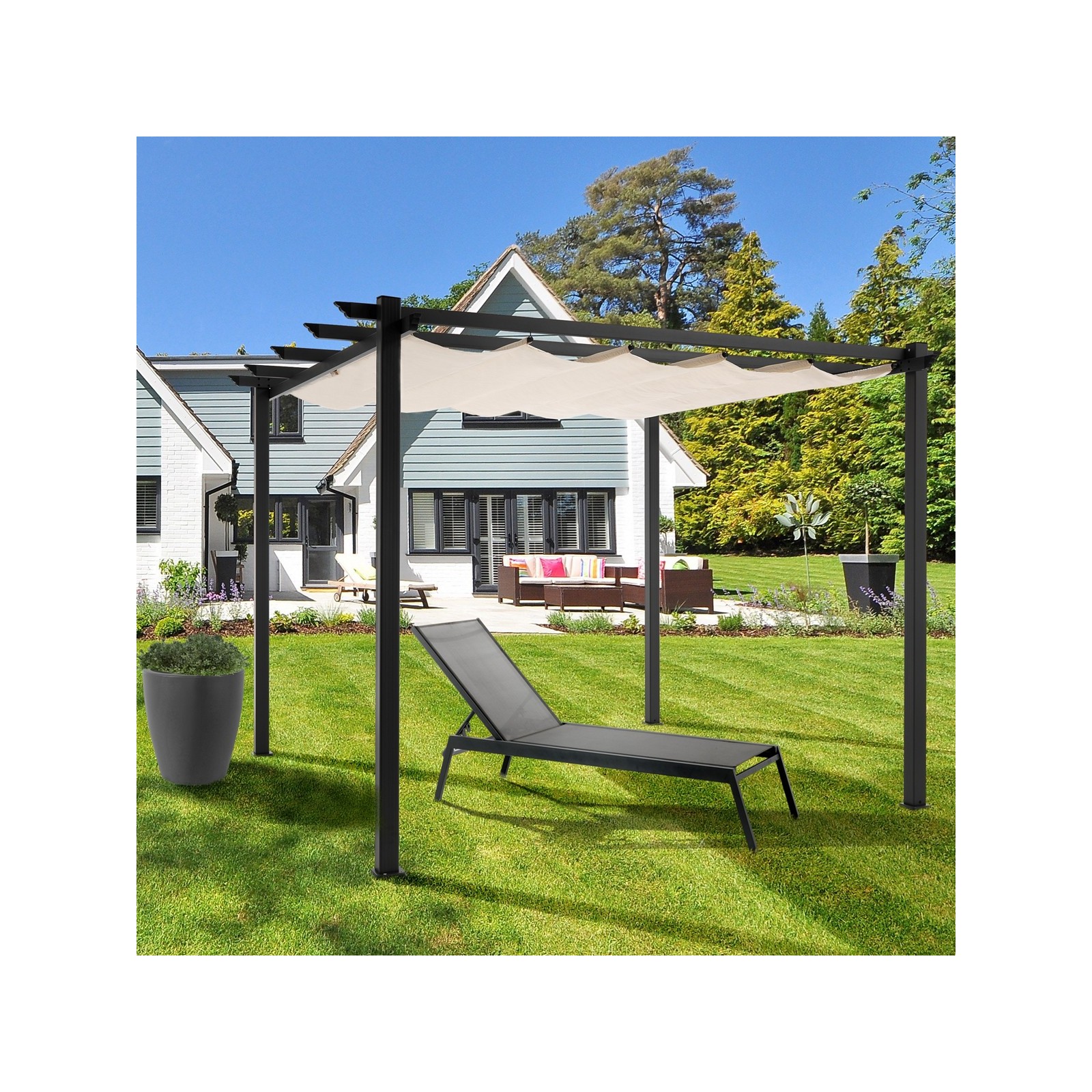 Gazebo Maho in Alluminio Grigio Opaco Telo Scorrevole Ecru, 300x300xh225 cm