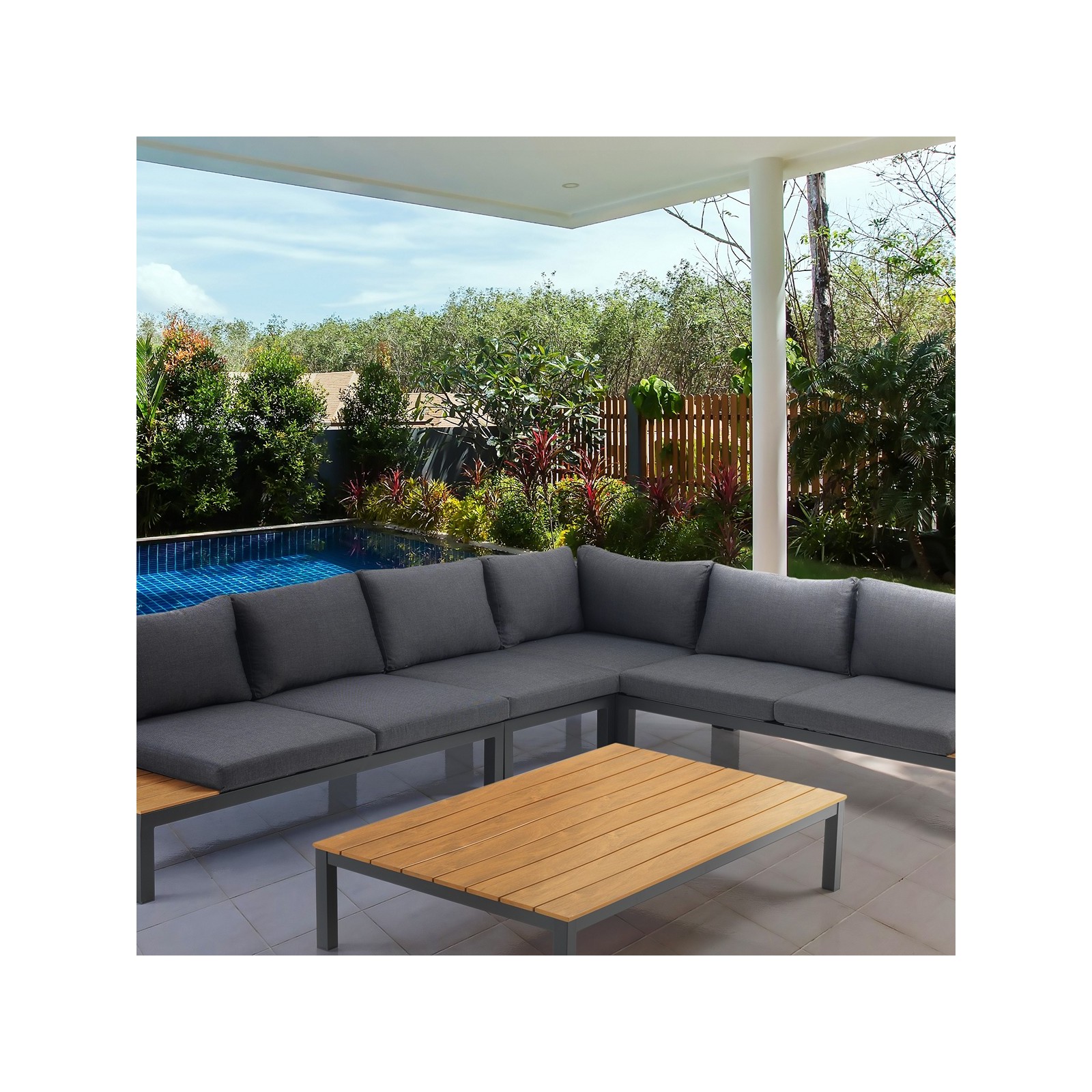 Salotto Interno e Esterno Varadero A in Alluminio Antracite Opaco Cuscini di Grigio, 315x247xh76 cm