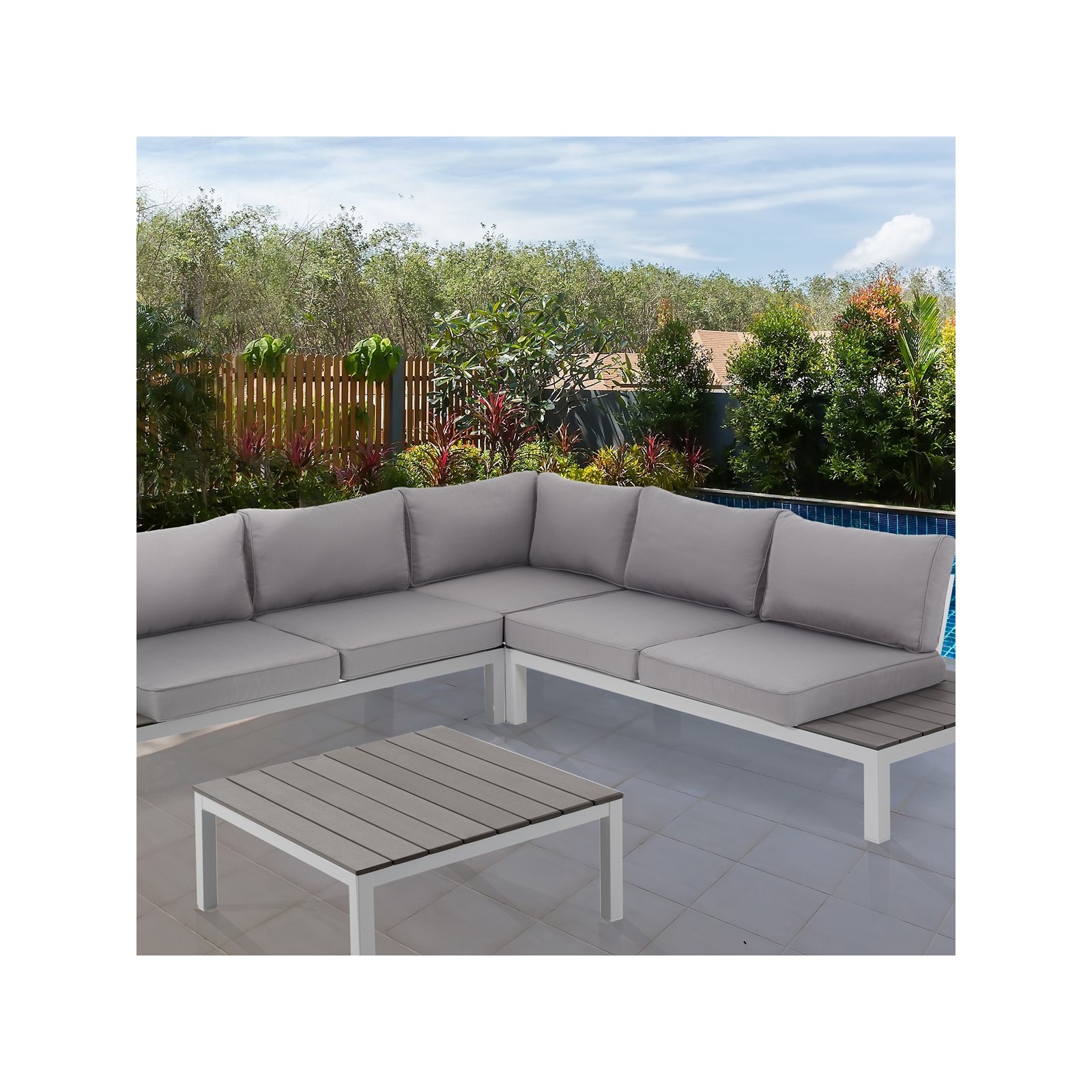 Salotto Interno e Esterno Varadero B in Alluminio Bianco Opaco Cuscini di Grigio Chiaro, 247x247xh76 cm