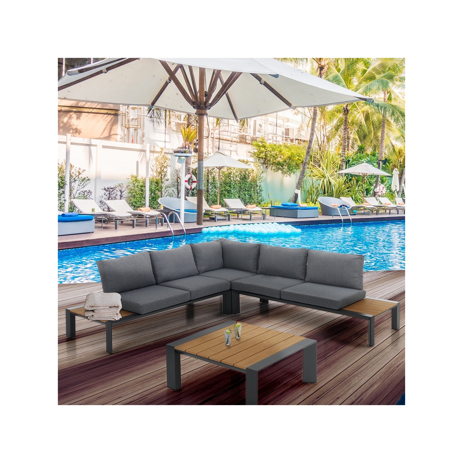 Salotto Interno e Esterno Varadero C in Alluminio Antracite Opaco Cuscini di Grigio, 244x244xh80 cm