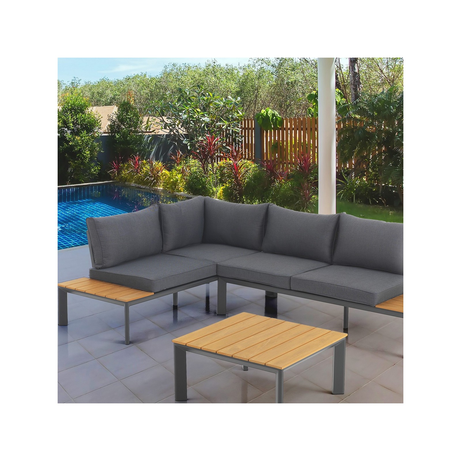 Salotto Interno e Esterno e Chaise Longue Varadero D in Alluminio Antracite Opaco Cuscini di Grigio, 230x75/163xh76 cm