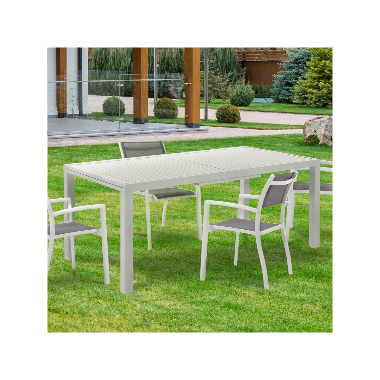 Tavolo Allungabile Varadero B in Alluminio Bianco Opaco Piano a Doghe, 177-266x100xh75 cm