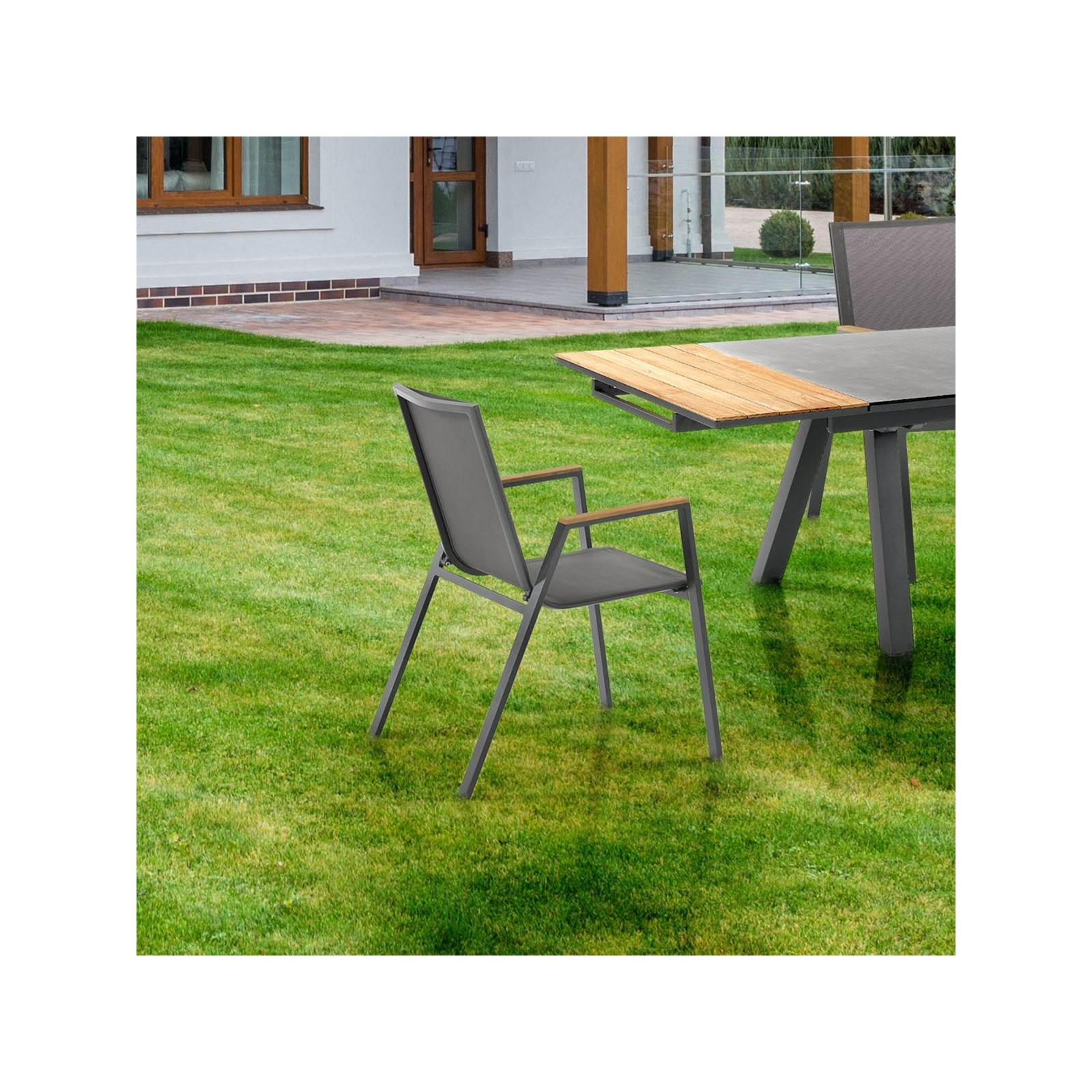 Sedia con Braccioli da Interno e Esterno Varadero in Alluminio Antracite Opaco e Tessuto Grigio, 56x68.5xh89 cm