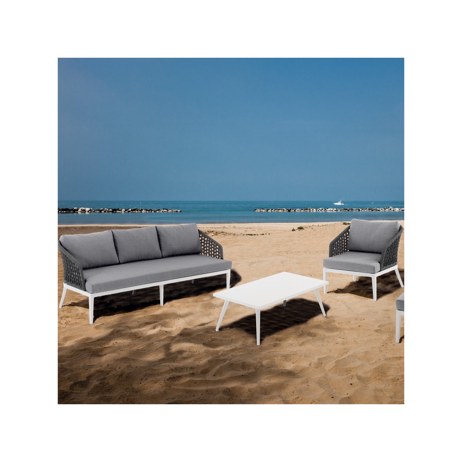 Salotto Interno e Esterno Aruba in Alluminio Bianco Opaco con Cuscini tessuto sintetico Grigio Chiaro