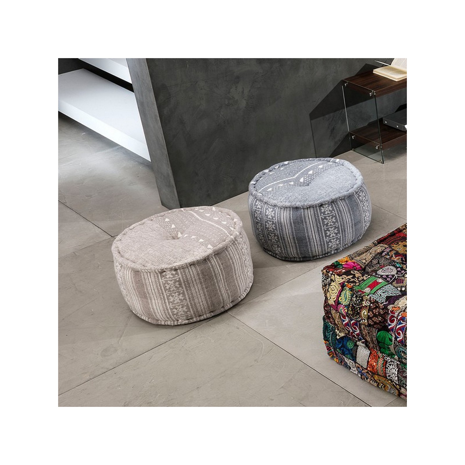 Pouf rotondo KAMAR GREY colore Grigio cotone 100%, D50 H30 cm