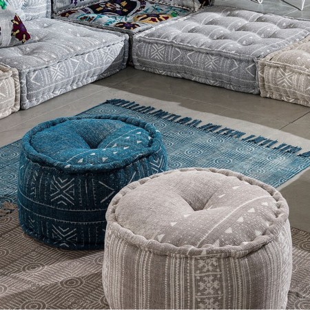 Pouf rotondo KAMAR BROWN colore Beige cotone 100% Made in INDIA, D50 H30 cm