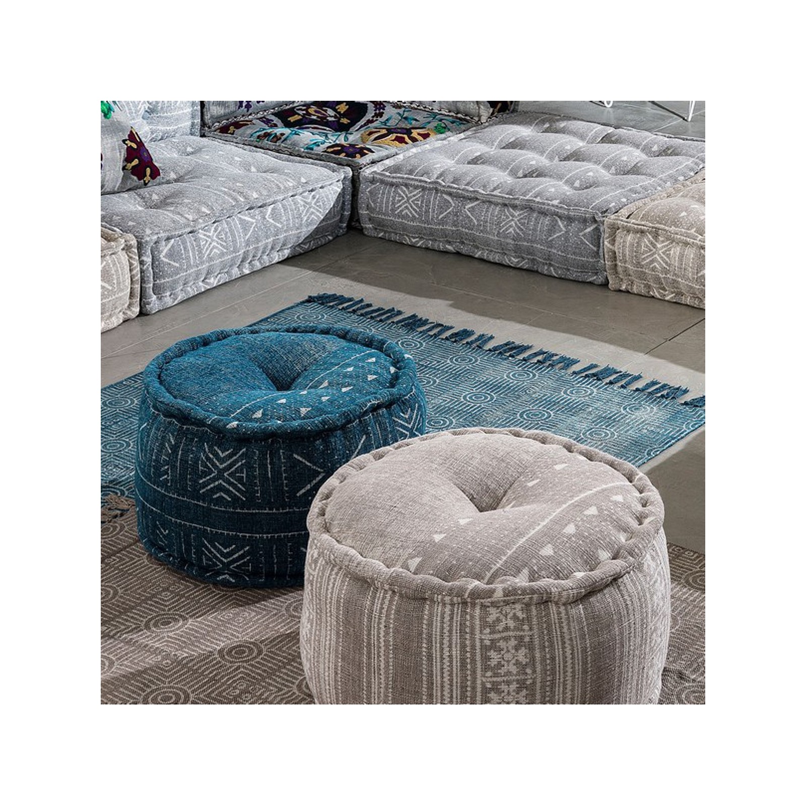 Pouf rotondo KAMAR BROWN colore Beige cotone 100% Made in INDIA, D50 H30 cm