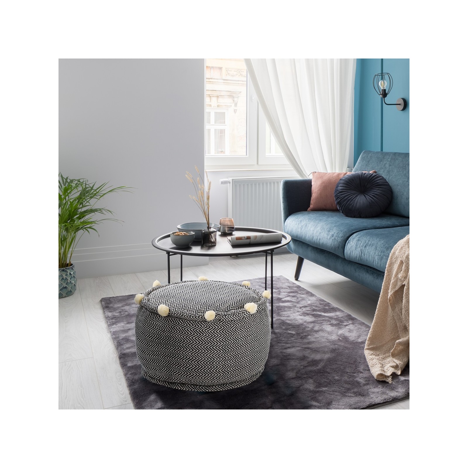 Pouf rotondo CIRO GREY colore Grigio cotone 100% Made in INDIA, D50 H30 cm